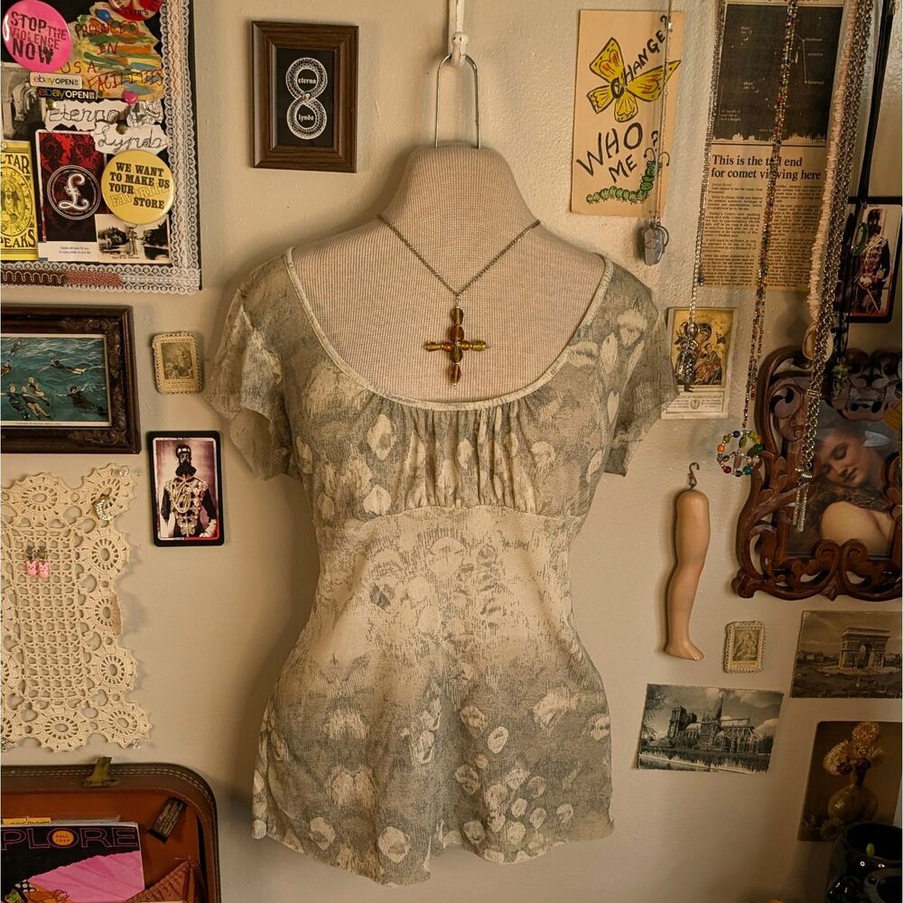 Y2K Animal Print Babydoll Blouse Women's Medium/Large Cream